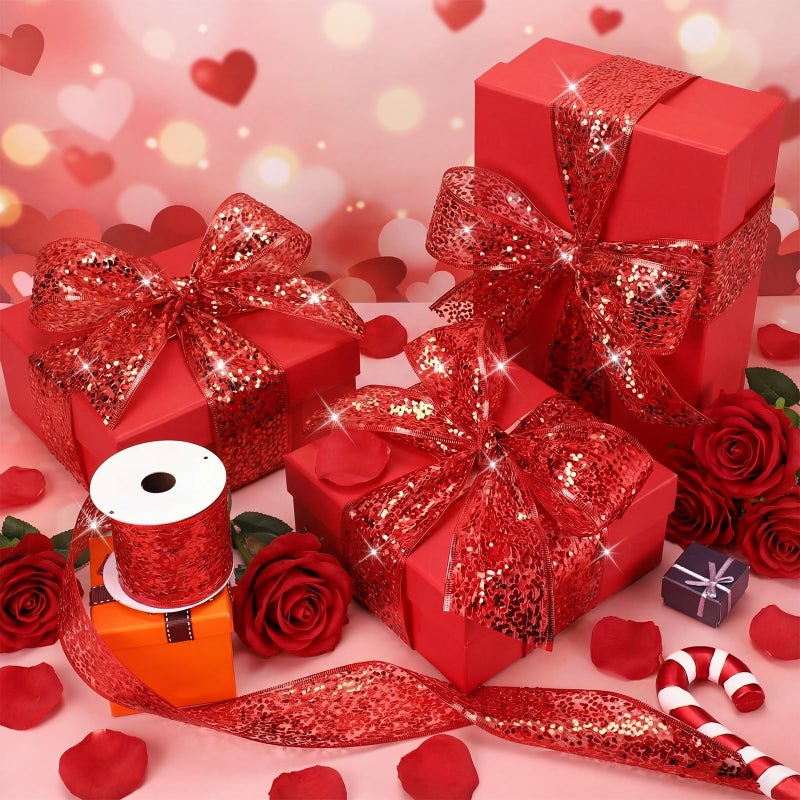 Wesnoy 2 Rolls Red Valentine's Day Glitter Mesh Wired Ribbon 2.5 Inch x 10 Yard Sparkling Sequin Mesh Ribbon for Valentines Gift Wrapping DIY Crafts Wreath Bow Flower Bouquet Garlands Wedding Decoration - Image 3