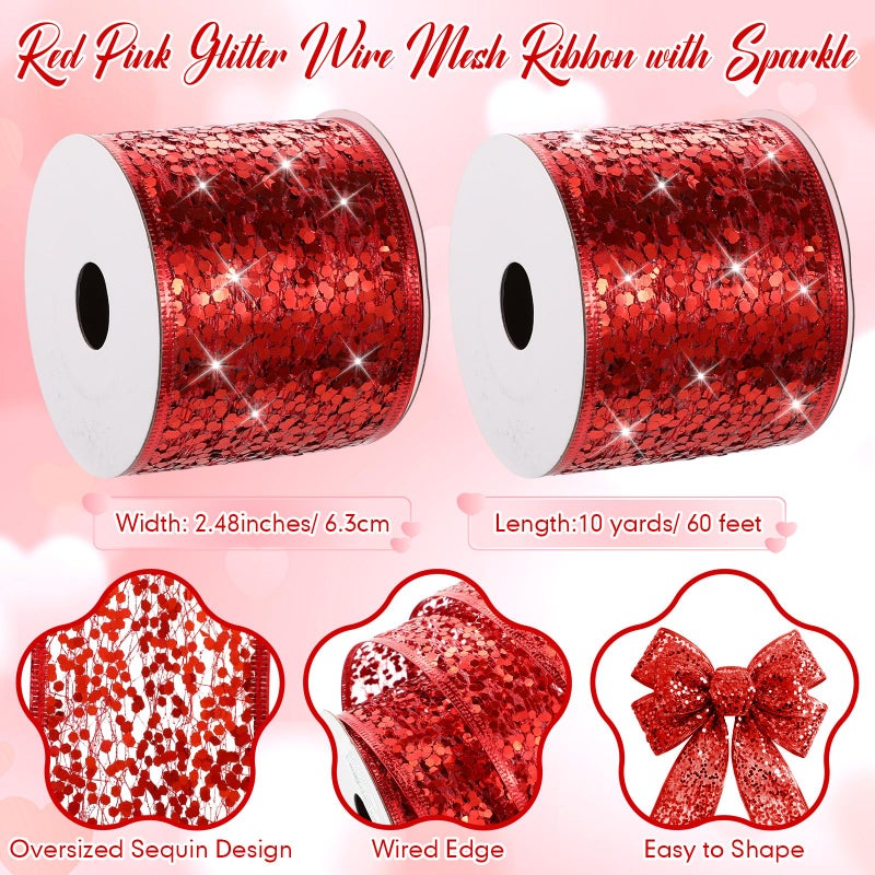 Wesnoy 2 Rolls Red Valentine's Day Glitter Mesh Wired Ribbon 2.5 Inch x 10 Yard Sparkling Sequin Mesh Ribbon for Valentines Gift Wrapping DIY Crafts Wreath Bow Flower Bouquet Garlands Wedding Decoration - Image 2