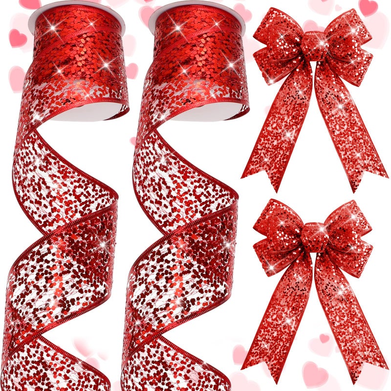 Wesnoy 2 Rolls Red Valentine's Day Glitter Mesh Wired Ribbon 2.5 Inch x 10 Yard Sparkling Sequin Mesh Ribbon for Valentines Gift Wrapping DIY Crafts Wreath Bow Flower Bouquet Garlands Wedding Decoration - Image 1