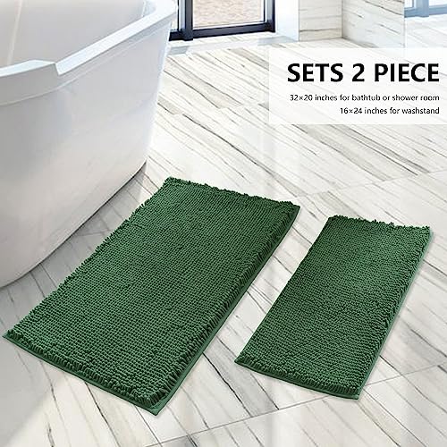 BOANKODU Bathroom Rugs Sets 2 Piece Extra Soft Chenille Bath Mat Absorbent Bathroom Rug Bathroom Mat with PVC NonSlip Bottom Machine Washable Bath Rugs 32x20 Inch 24x16 Inch Dark Green - Image 3