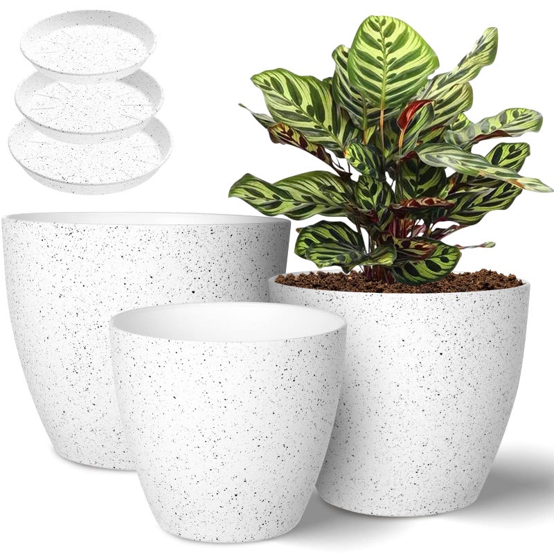 Vanavazon Plant Pots 987 Inch Set of 3 Flower Pots Indoor Outdoor Plastic Planters with Drainage Hole and Tray Speckled White