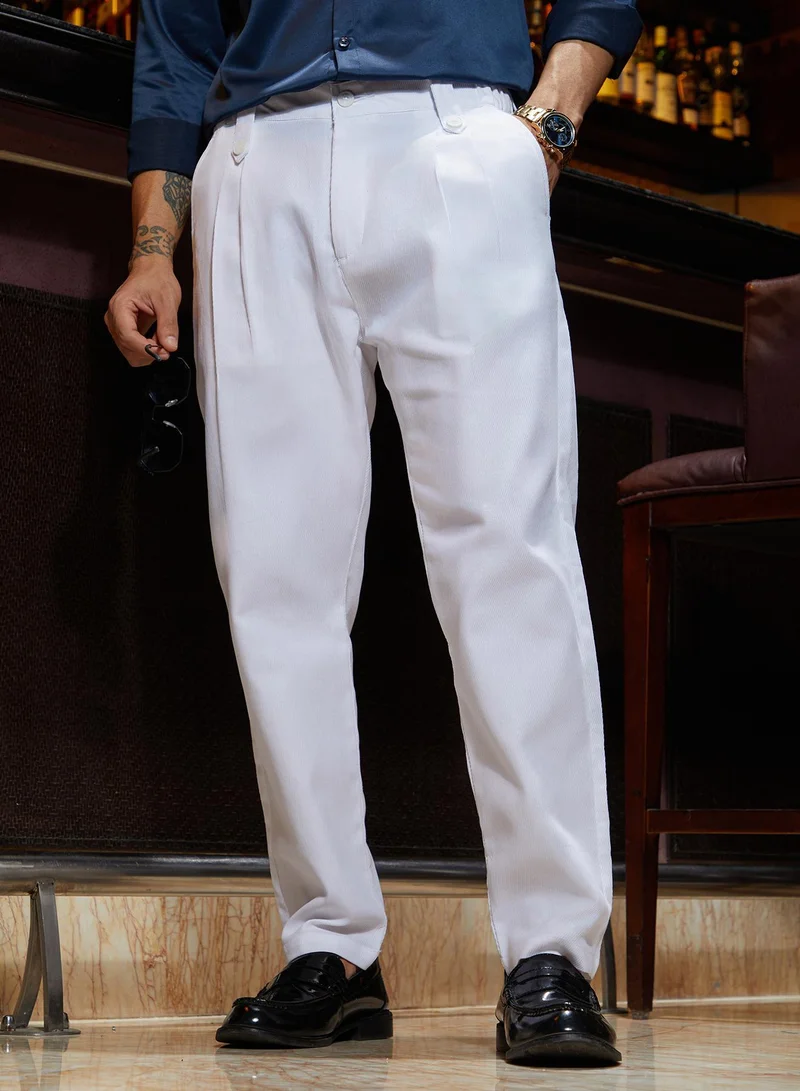 Men's Cream White Ribbed-Pleated Chino Trousers