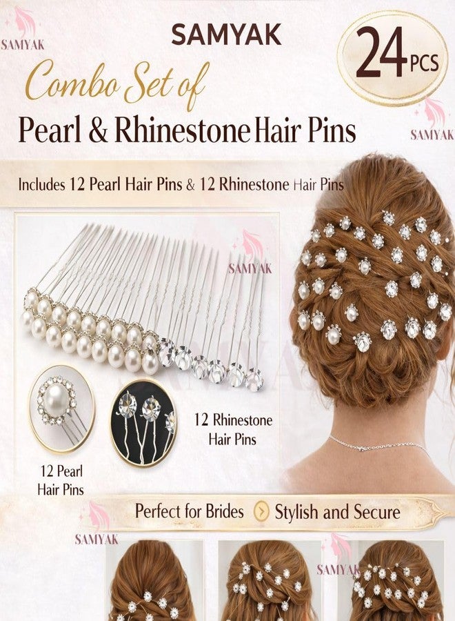 Samyak 24 Pcs Pearl Hair Pins | Bridal Wedding U Pins with Rhinestones for Women & Girls (S3) - Image 3