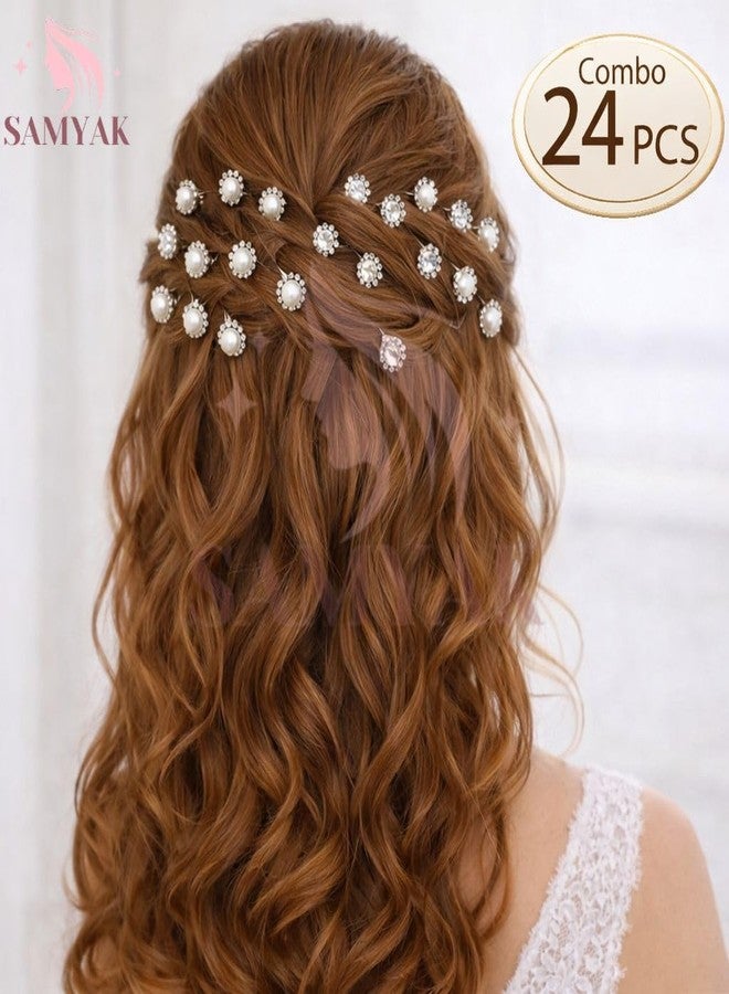 Samyak 24 Pcs Pearl Hair Pins | Bridal Wedding U Pins with Rhinestones for Women & Girls (S3) - Image 4