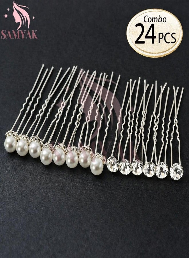 Samyak 24 Pcs Pearl Hair Pins | Bridal Wedding U Pins with Rhinestones for Women & Girls (S3) - Image 2