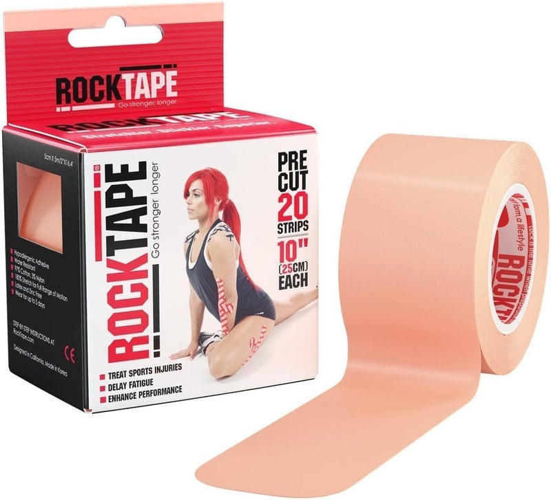 ROCKTAPE شريط كينيسيوجيا روك تيب مقصوص للرياضيين مقاوم للماء يقلل الألم ويساعد في التعافي من الإصابات 5 سم × 5 م بيج - Image 1