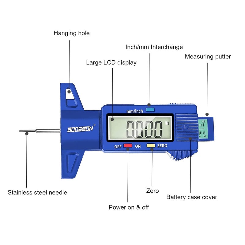 GODESON Digital Tire Tread Depth Gauge with LCD Display and Color-Coded Bar - Image 2