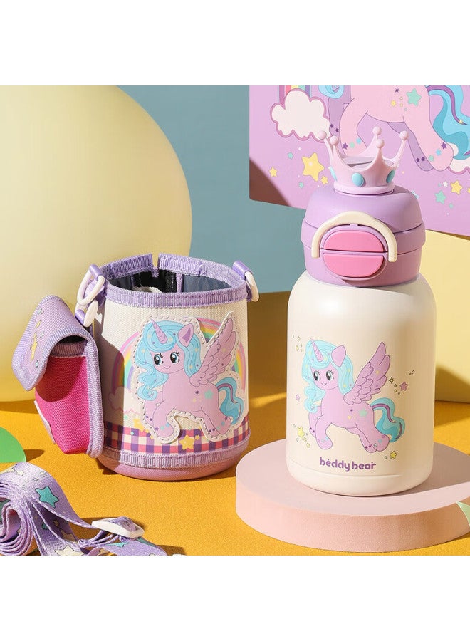 Beddybear Open-smiling Double-lid Children's Insulated Cup With Straw, 316 Stainless Steel Large Capacity Thermos Flask, 600ml Rainbow Horse Desig