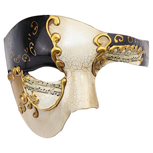 Thmyo Half Face Men's Phantom Of The Opera Vintage Design Venetian Carnival Masquerade Mask (Beige & black) - Image 1