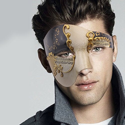 Thmyo Half Face Men's Phantom Of The Opera Vintage Design Venetian Carnival Masquerade Mask (Beige & black) - Image 3
