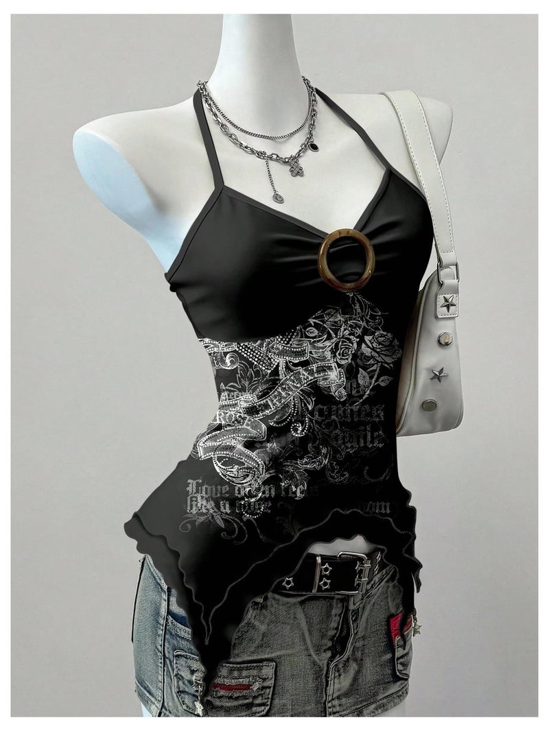 SweatyRocks Women's Gothic Graphic Halter Crop Tops Y2k Sleeveless Shirts Grunge Music Festival Concert Outfit Multicolor Large - Image 2