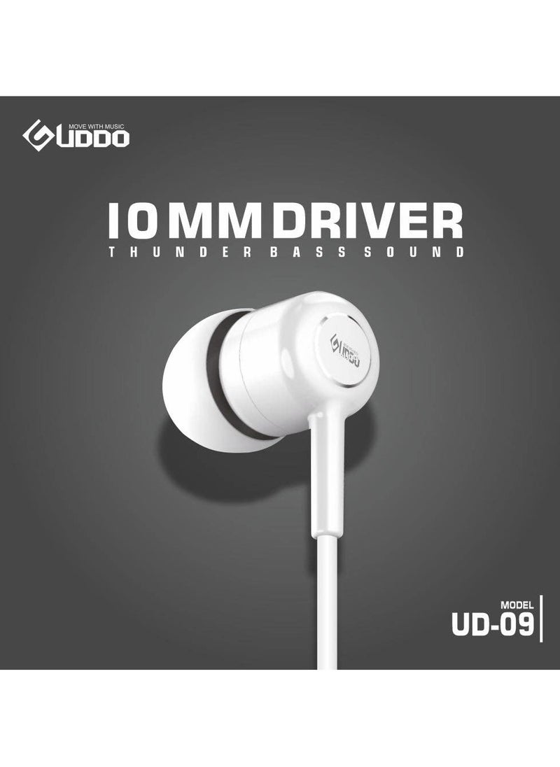 Generic - UDDO UD-09 Wired Earphones, Dual Channel Stereo with Built-in Mic - WHITE - Image 1