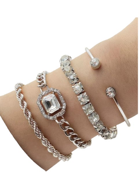 Set of 4 Distinctive Pieces, Bright Bracelets Made of Zinc Alloy and Cubic Zirconia, a New Decoration, Suitable for Daily Use and Special Occasions.