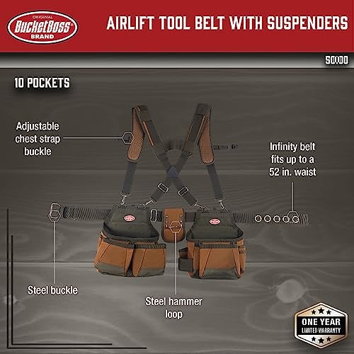 Bucket Boss - AirLift Tool Belt with Suspenders, Tool Belts - Original Series (50100) with 12 pockets, Brown , 52 Inch - Image 2