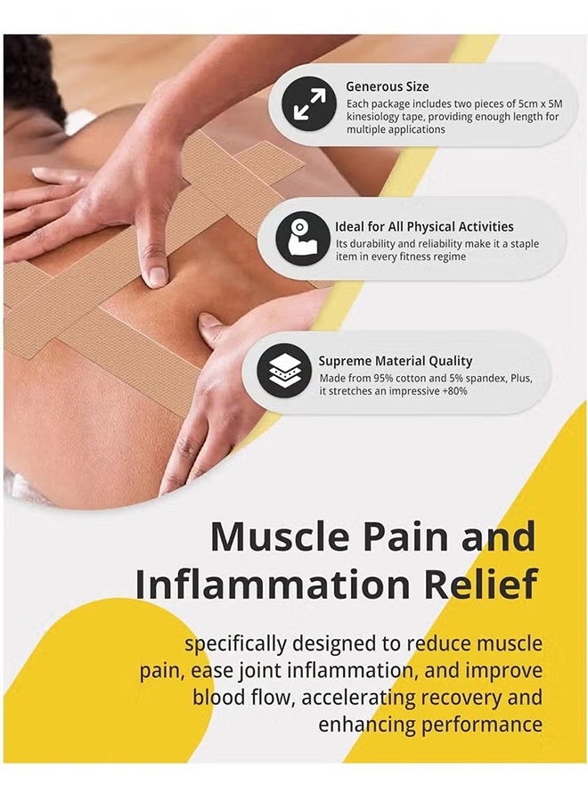 واي جيه 4 لفات شريط الحركة شريط كنيزيو مقاوم للعرق مع قوة تقليل الألم العضلي، تخفيف التهاب المفاصل، شريط رياضي مرن للياقة البدنية الجري 5 سم × 5 متر (اللون البيج) - Image 5