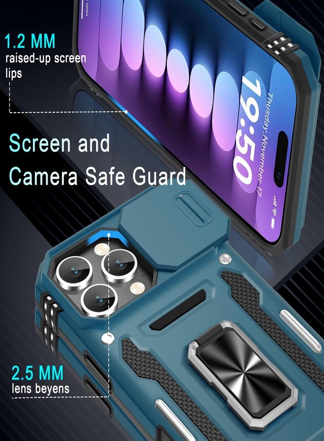 DEERLAMN جراب DEERLAMN لهاتف iPhone 16 Pro مع غطاء كاميرا منزلق + واقي شاشة (عبوتان)، غطاء حماية مقاوم للصدمات بمسند حلقي دوار - أزرق فاتح - Image 5