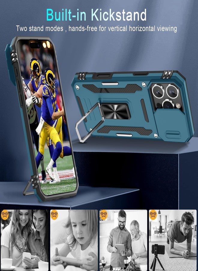 DEERLAMN جراب DEERLAMN لهاتف iPhone 16 Pro مع غطاء كاميرا منزلق + واقي شاشة (عبوتان)، غطاء حماية مقاوم للصدمات بمسند حلقي دوار - أزرق فاتح - Image 4