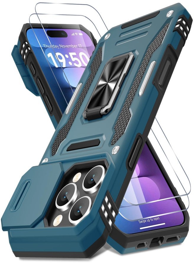 DEERLAMN جراب DEERLAMN لهاتف iPhone 16 Pro مع غطاء كاميرا منزلق + واقي شاشة (عبوتان)، غطاء حماية مقاوم للصدمات بمسند حلقي دوار - أزرق فاتح - Image 1