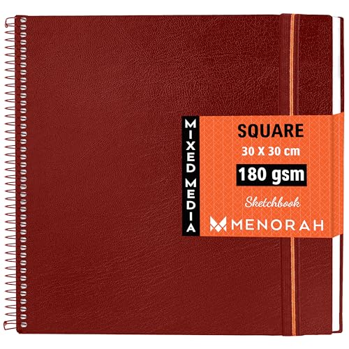 MENORAH - Square Spiral Sketch Book for Artist - 180 GSM - 100 Pages/50 Sheets -Square Sketchbook for Drawing,Painting,Light Watercolor, Acrylics, Gouache -Metal Spiral Bound -(30.0 x 30.0 cm) -Red - Image 1