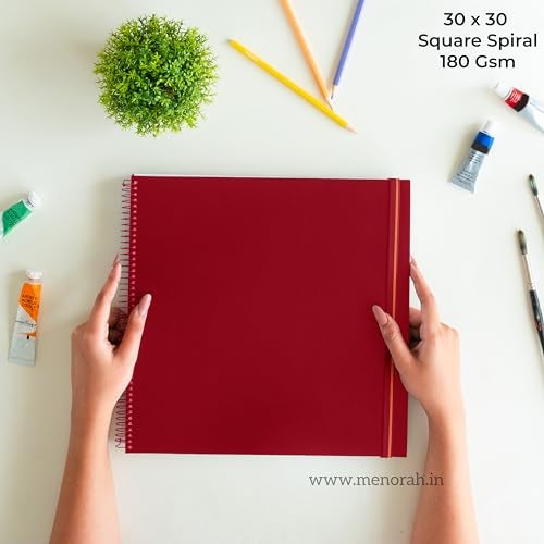 MENORAH - Square Spiral Sketch Book for Artist - 180 GSM - 100 Pages/50 Sheets -Square Sketchbook for Drawing,Painting,Light Watercolor, Acrylics, Gouache -Metal Spiral Bound -(30.0 x 30.0 cm) -Red - Image 2