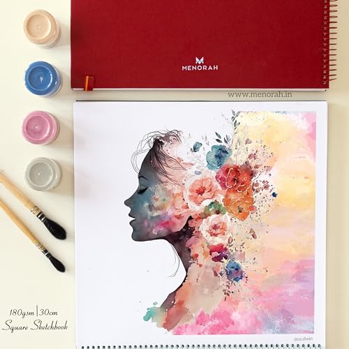 MENORAH - Square Spiral Sketch Book for Artist - 180 GSM - 100 Pages/50 Sheets -Square Sketchbook for Drawing,Painting,Light Watercolor, Acrylics, Gouache -Metal Spiral Bound -(30.0 x 30.0 cm) -Red - Image 4