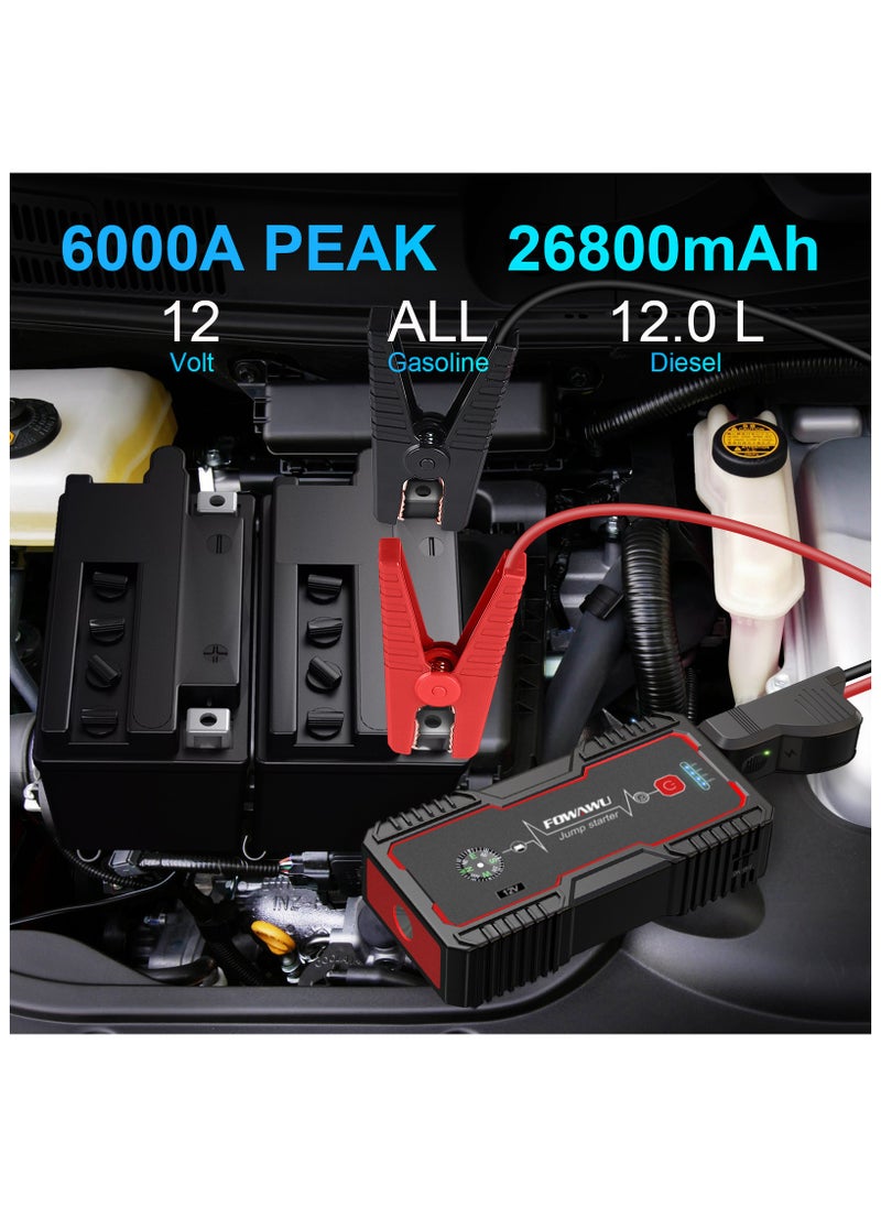 FOWAWU - FOWAWU 26800mAh 6000A Car Jump Starter, Water-Resistant Jump Starter Battery Pack (ALL Gas, 12 L Diesel), Battery Jumper Starter Portable with USB output / DC 12V adapter / LED Light - Image 1