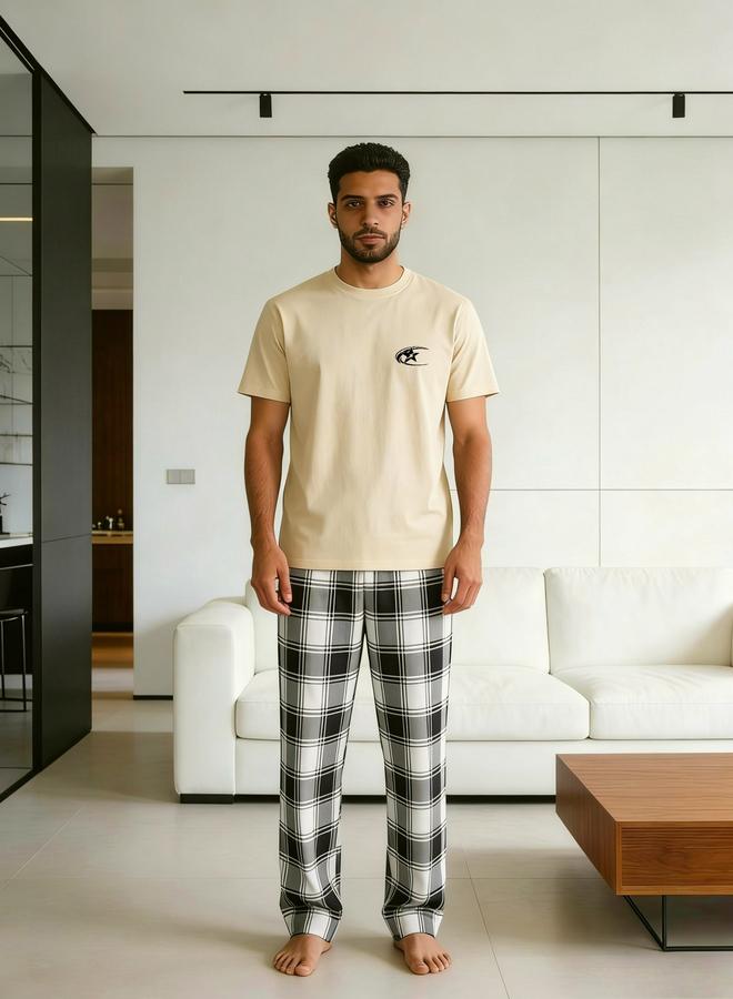 Take Two Men Printed Round Neck T-Shirt and Checked Pants Set - Image 1