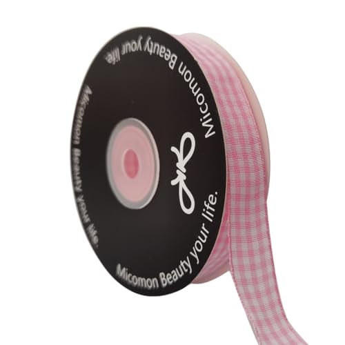 Micomon Pink Gingham Plaid Checked Ribbon 25 Yards Each Roll 100% Polyester (5/8",Pink) - Image 1
