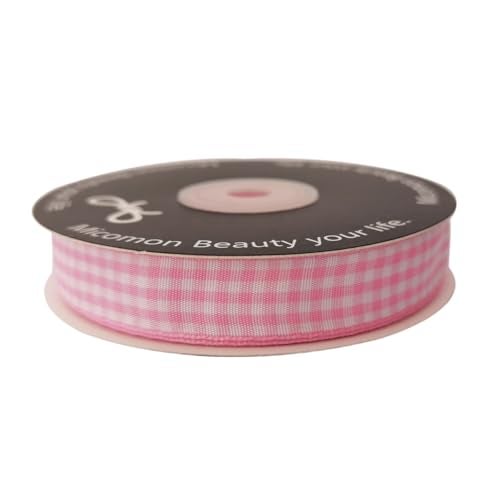Micomon Pink Gingham Plaid Checked Ribbon 25 Yards Each Roll 100% Polyester (5/8",Pink) - Image 3