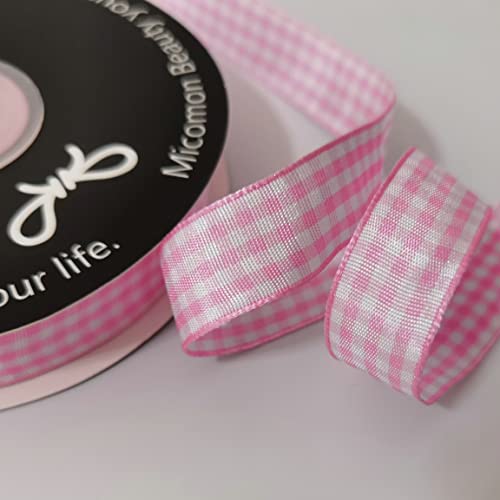 Micomon Pink Gingham Plaid Checked Ribbon 25 Yards Each Roll 100% Polyester (5/8",Pink) - Image 5