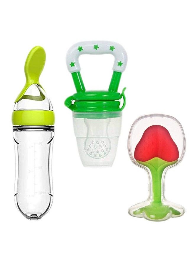 The Little Lookers Infant Baby Squeezy Food Grade Silicone Bottle Feeder & Fruit Shape Silicone Teether With Fruit Pacifier (Squeezy Feeder Green + Pacifier Green + Teether 'Strawberry')(Pack Of 3)  - Image 2