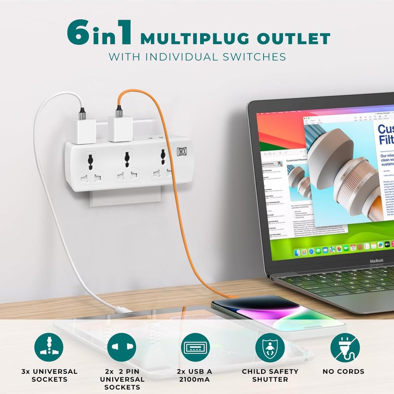 MX 6-Outlet Universal Spike Protector with Child Safety Shutter 3 Pin & 2 Pin Sockets Travel Adaptor 6 Amp Power Strip Cordless Extension Board for Home Office & Electronics - Image 2