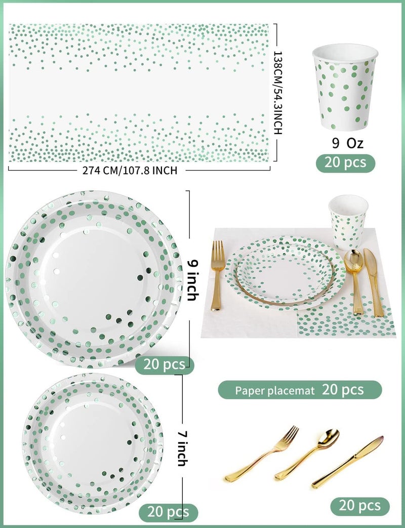 Nkaiso 141 Pieces Green Dots Party Supplies  Party Dinnerware Sets Include Paper Plates Napkins Cups Silverware  for Wedding Bridal Shower Engagement Birthday Parties Decoration -20 Serves - Image 2