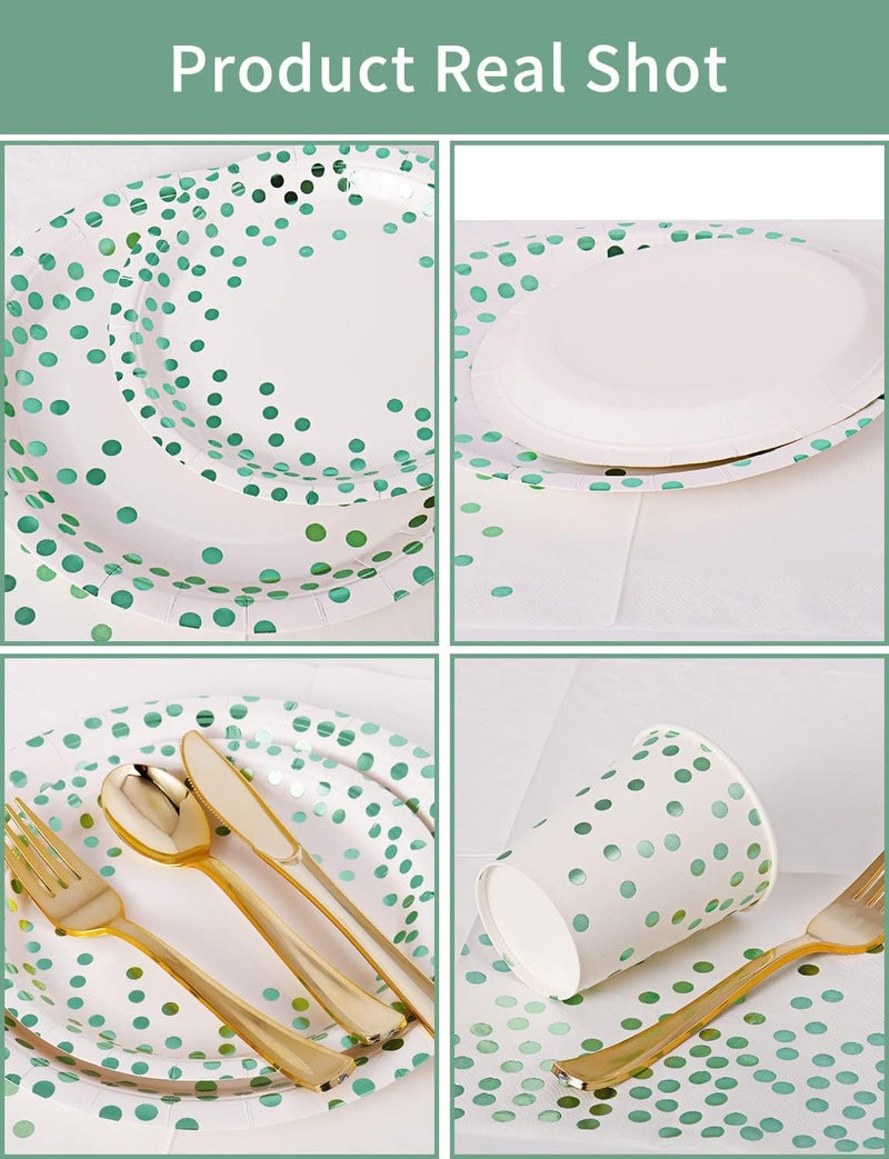 Nkaiso 141 Pieces Green Dots Party Supplies  Party Dinnerware Sets Include Paper Plates Napkins Cups Silverware  for Wedding Bridal Shower Engagement Birthday Parties Decoration -20 Serves - Image 1