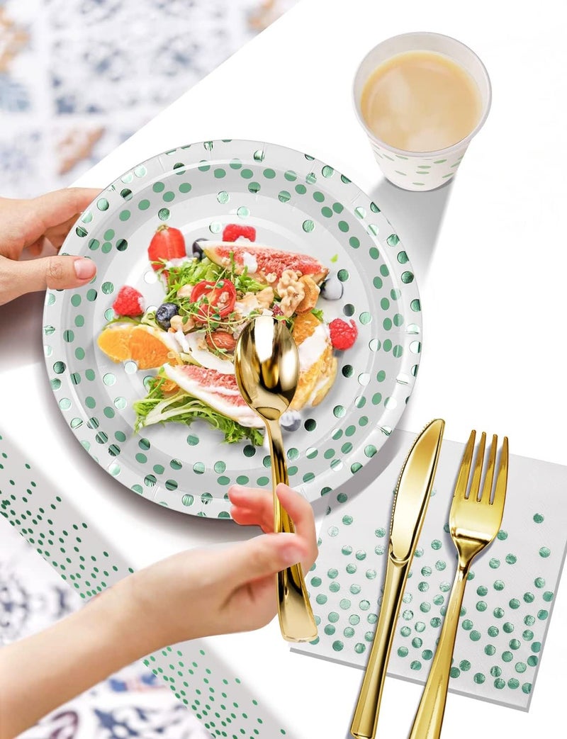 Nkaiso 141 Pieces Green Dots Party Supplies  Party Dinnerware Sets Include Paper Plates Napkins Cups Silverware  for Wedding Bridal Shower Engagement Birthday Parties Decoration -20 Serves - Image 3