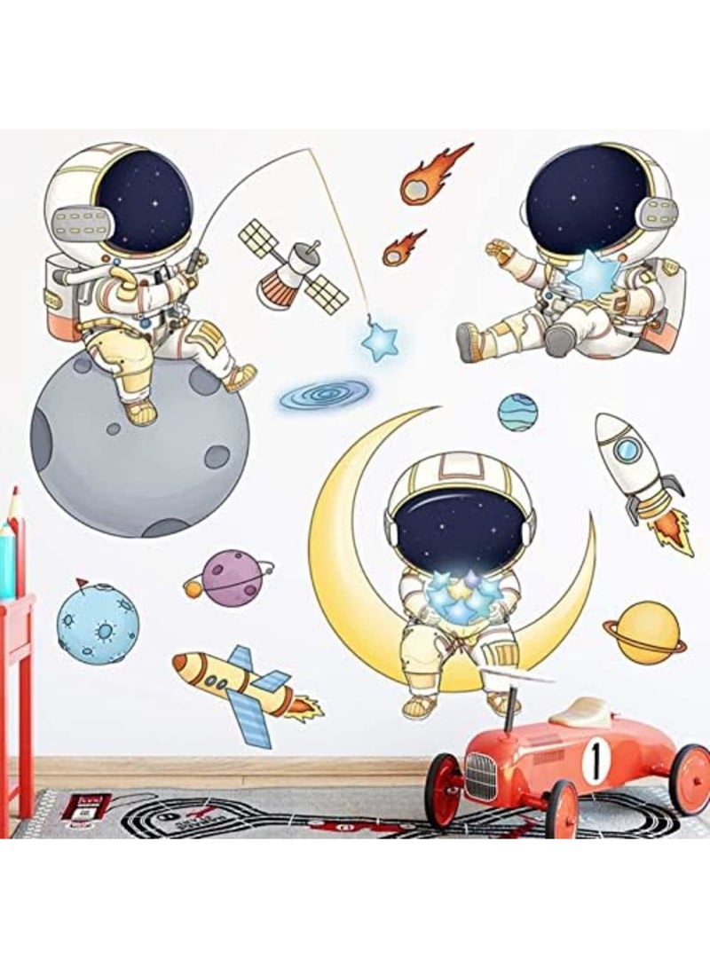 Barakah ملصقات حائط رائد الفضاء كوكب الفضاء مشي السفينة الفضائية فن دي آي واي فينيل قابلة للإزالة جداريات ملصقات حائط، فن ورق حائط كرتوني لطيف لرائد الفضاء للأطفال غرفة نوم الأولاد غرفة اللعب - Image 2