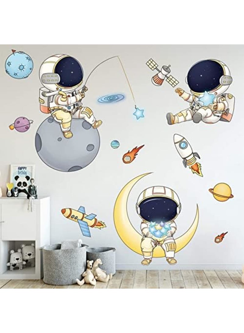 Barakah ملصقات حائط رائد الفضاء كوكب الفضاء مشي السفينة الفضائية فن دي آي واي فينيل قابلة للإزالة جداريات ملصقات حائط، فن ورق حائط كرتوني لطيف لرائد الفضاء للأطفال غرفة نوم الأولاد غرفة اللعب - Image 1