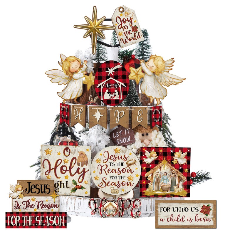 Vercraft Christmas Tiered Tray Decor Winter Tiered Tray Decorations Set Snowman Snowflake Gnome Truck Wooden Signs Farmhouse Christmas Table Decorations for Home Table Shelf(Nativity Scene) - Image 1