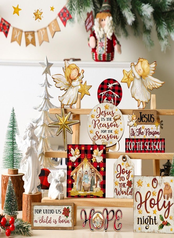 Vercraft Christmas Tiered Tray Decor Winter Tiered Tray Decorations Set Snowman Snowflake Gnome Truck Wooden Signs Farmhouse Christmas Table Decorations for Home Table Shelf(Nativity Scene) - Image 2