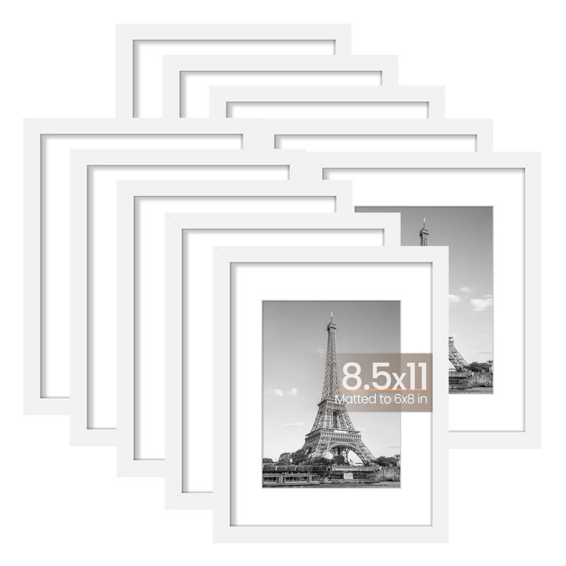 upsimples 85x11 Picture Frame Set of 10 Display Pictures 6x8 with Mat or 85x11 Without Multi Photo Frames Collage for Wall or Tabletop Display White
