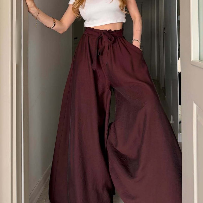 Women's Loose Wide Leg Pants with Waist Tie and Side Pockets - Image 1