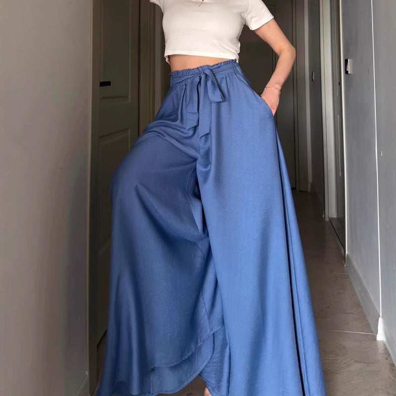 Women's Loose Wide Leg Pants with Waist Tie and Side Pockets - Image 2