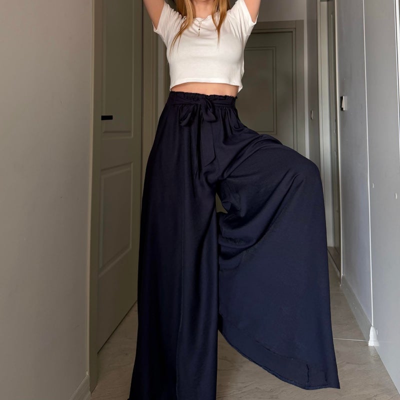Women's Loose Wide Leg Pants with Waist Tie and Side Pockets - Image 3
