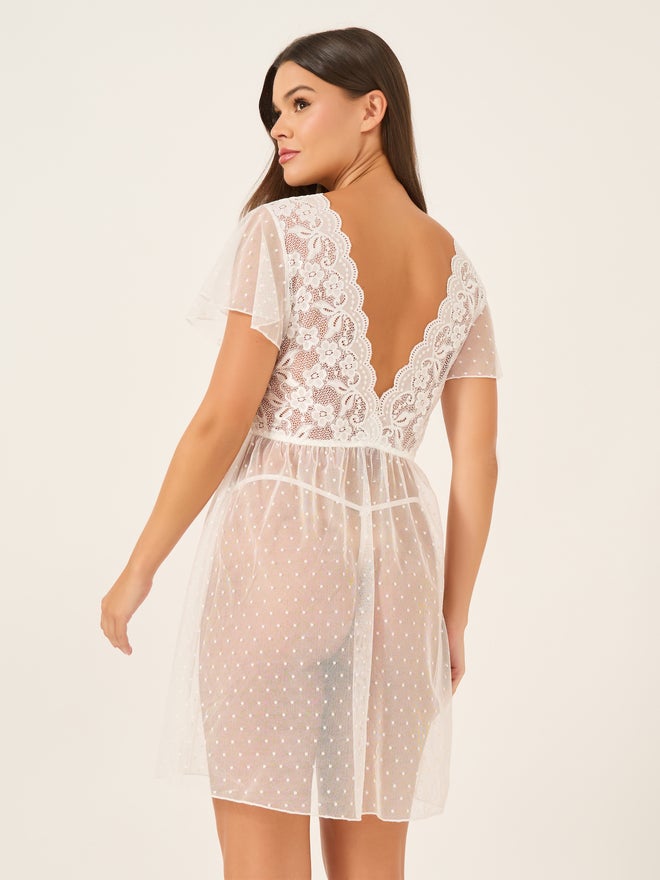 Styli Styli Lace and Dobby Pattern Flutter Sleeves Babydoll with Briefs  - Image 5
