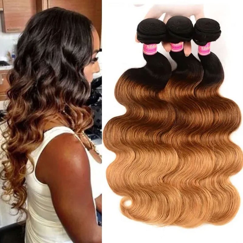 Nadula Highlight 3 Tone Ombre Body Wave Human Hair 3 Bundles Brazilian 10A Remy Hair Ombre Blonde Human Hair Wavy Weaves Sew in Extension T1B427 Color 16 18 20inch