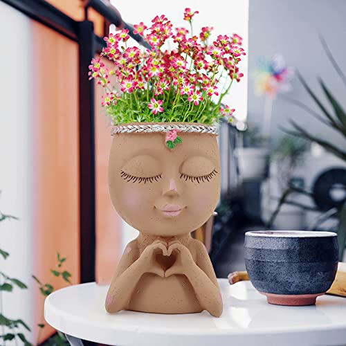Meltset M Meltset Face Planters Pots Head Unique Face Flower Pot Head Planter for Indoor Plants Cute Small Succulent Pots Indoor Plant Pot with Drainage,Great Gift (Brown Lady) - Image 4