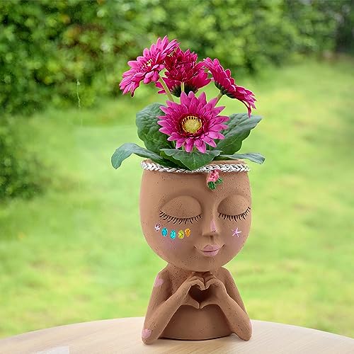Meltset M Meltset Face Planters Pots Head Unique Face Flower Pot Head Planter for Indoor Plants Cute Small Succulent Pots Indoor Plant Pot with Drainage,Great Gift (Brown Lady) - Image 3