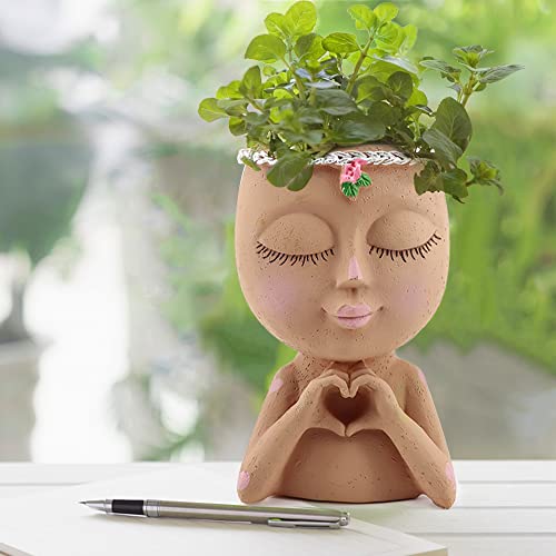 Meltset M Meltset Face Planters Pots Head Unique Face Flower Pot Head Planter for Indoor Plants Cute Small Succulent Pots Indoor Plant Pot with Drainage,Great Gift (Brown Lady) - Image 5