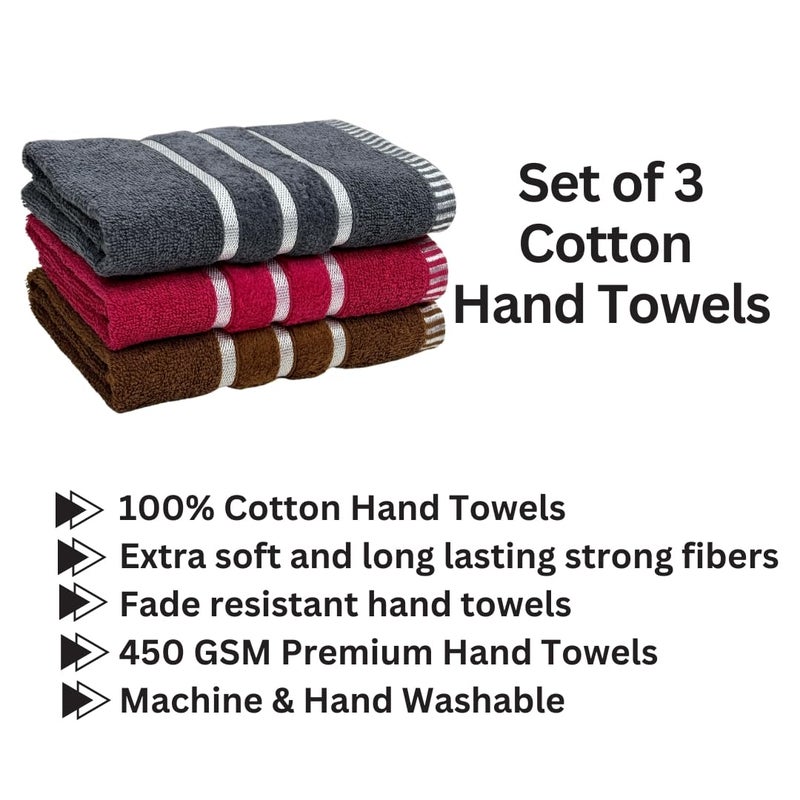 STAMIO Cotton 450 GSM Hand Towel Set of 3, 40 X 60 cm for Men, Women, Home Use, Gym, Wash Basin, Sports, Workout | Soft, Absorbent, Quick Dry, Full Size Large | Brown + Grey + Magenta - Image 2