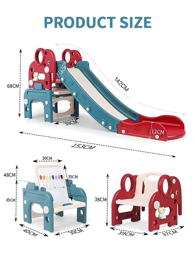 GROIC 7-In-1 Kids Slide, Toddler Slide Climber Set with Basketball Hoop+Ball, Ring Game, Drawing Board/ Game Table+Brush Eraser, Seat, Dining Chair, Early Education Machine, Freestanding Kids Slide  - Image 1